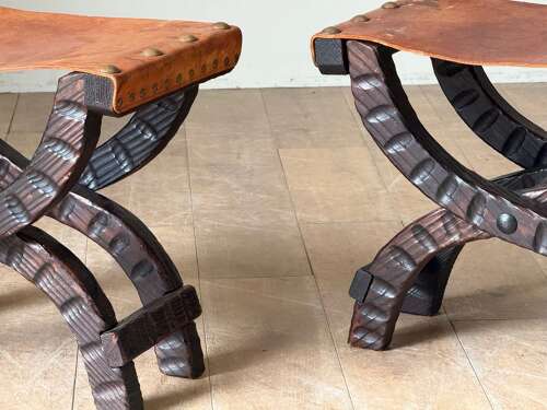 C1960 A Pair of French Folding Leather Stools in Textured Pine