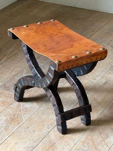 C1960 A Pair of French Folding Leather Stools in Textured Pine