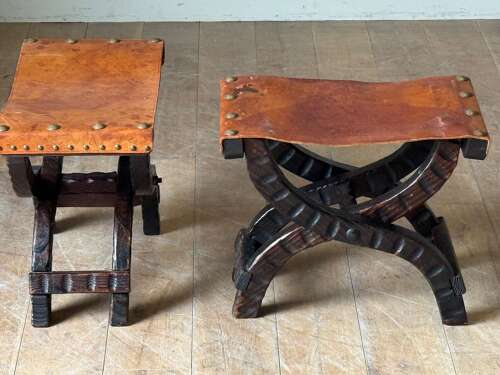 C1960 A Pair of French Folding Leather Stools in Textured Pine