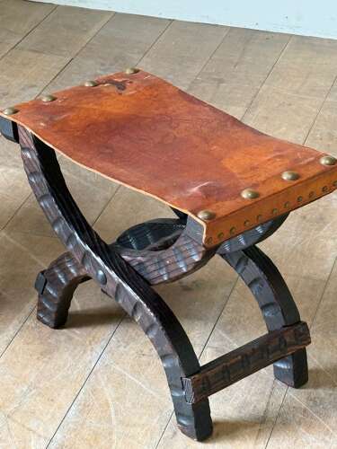 C1960 A Pair of French Folding Leather Stools in Textured Pine