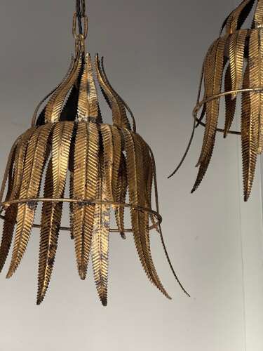 C1960 A Pair of Spanish Gilt Metal Leaf Ceiling Lights