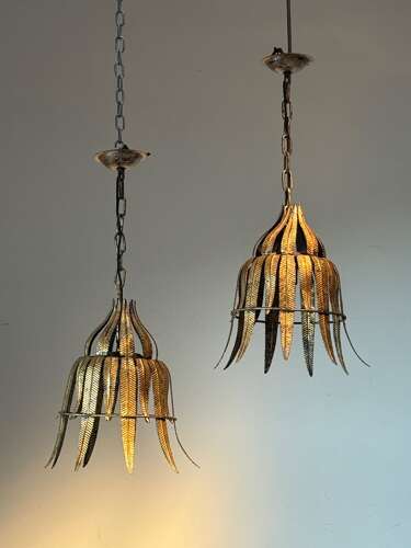 C1960 A Pair of Spanish Gilt Metal Leaf Ceiling Lights
