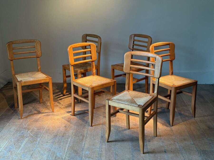 C1960 A Set of Six French Ash Wood & Rush Dining Chairs