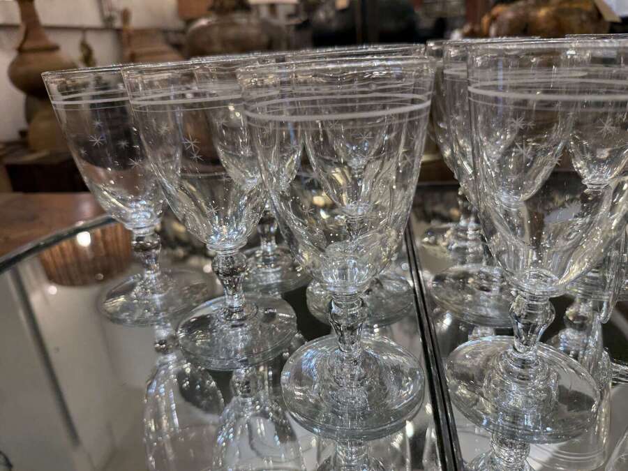 C1920 A Set of 12 French Star Engraved Wine Glasses