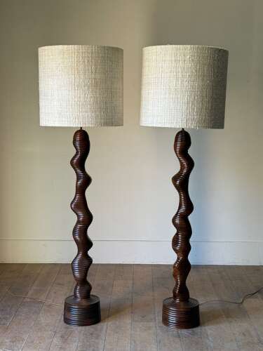 C1960 A Wonderful Pair of Swiss Brutalist Wooden Floor Lamps