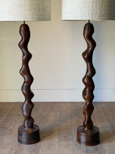 C1960 A Wonderful Pair of Swiss Brutalist Wooden Floor Lamps