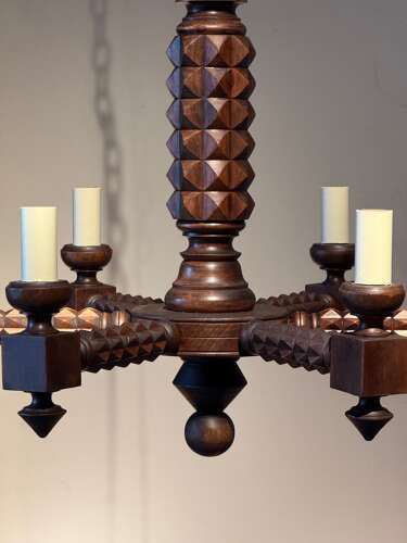 C1960 A Spanish Wooden Brutalist Chandelier in style of Dudouyt