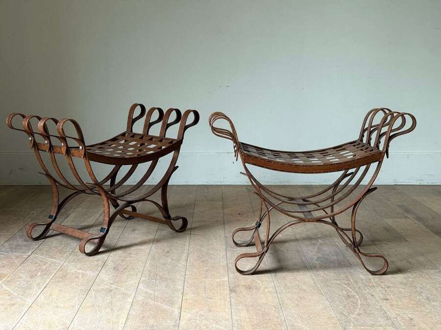 C1960 A Pair of Spanish Faux Leather Iron Stools