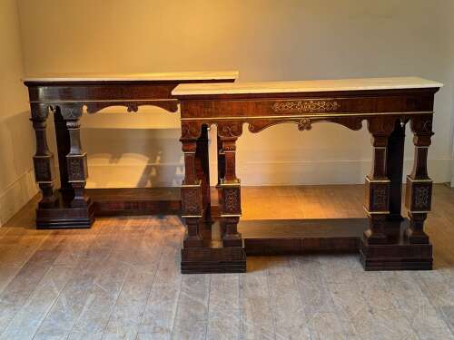 C1870 A Pair of Italian Brass Inlaid Rosewood Console Tables