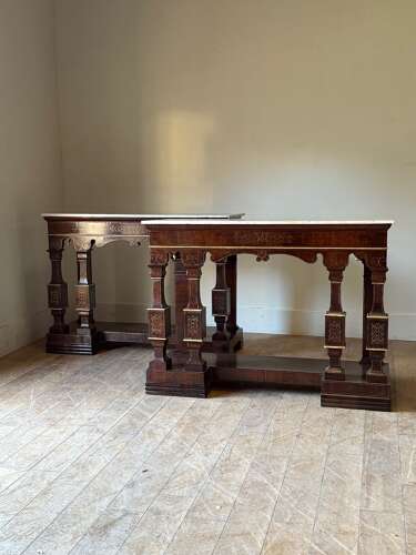 C1870 A Pair of Italian Brass Inlaid Rosewood Console Tables
