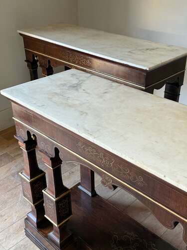 C1870 A Pair of Italian Brass Inlaid Rosewood Console Tables