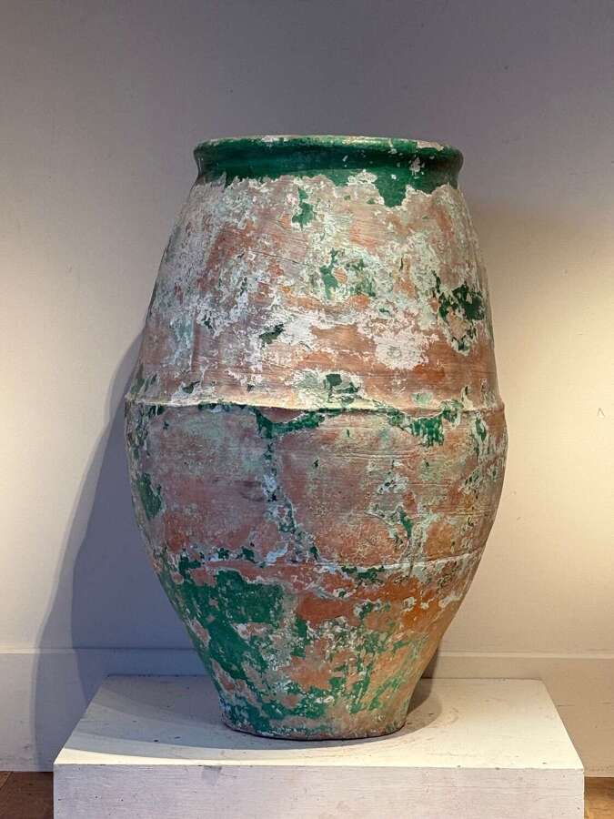 C1870 A Large Spanish Terracotta Green / White Olive Pot