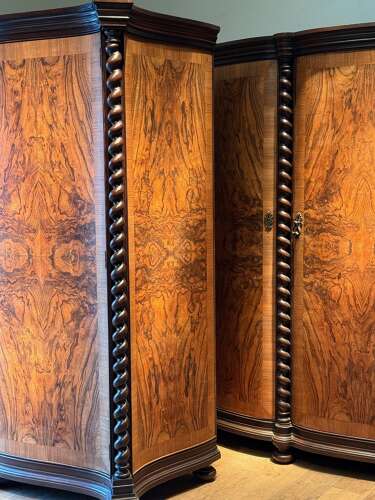C1930 A Pair of Italian Figured Walnut Serpentine Fronts & Sugar Twist Columns