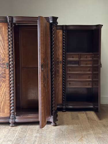 C1930 A Pair of Italian Figured Walnut Serpentine Fronts & Sugar Twist Columns