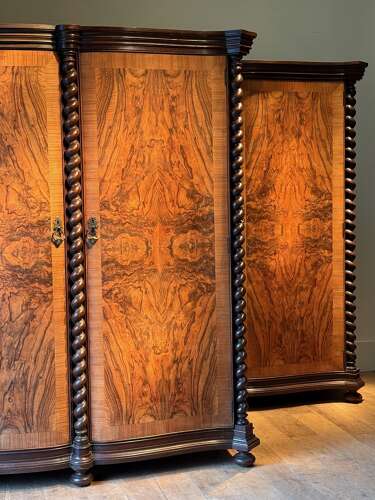 C1930 A Pair of Italian Figured Walnut Serpentine Fronts & Sugar Twist Columns