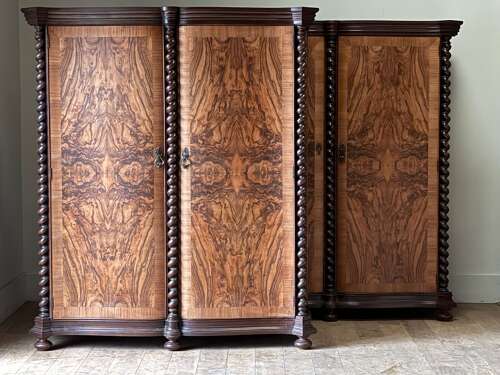 C1930 A Pair of Italian Figured Walnut Serpentine Fronts & Sugar Twist Columns