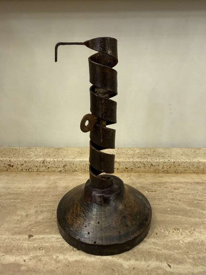 C1750 A French Folk Art Iron & Wood Rat de Cave Candlestick