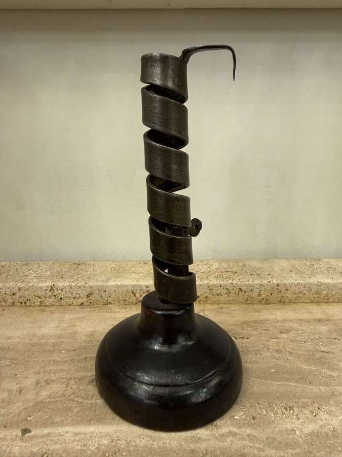 C1750 A French Folk Art Iron & Wood Rat de Cave Candlestick
