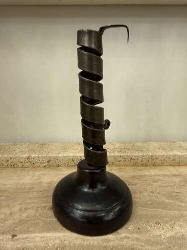 C1750 A French Folk Art Iron & Wood Rat de Cave Candlestick