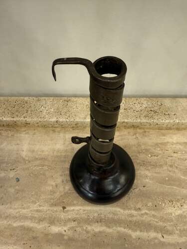 C1750 A French Folk Art Iron & Wood Rat de Cave Candlestick