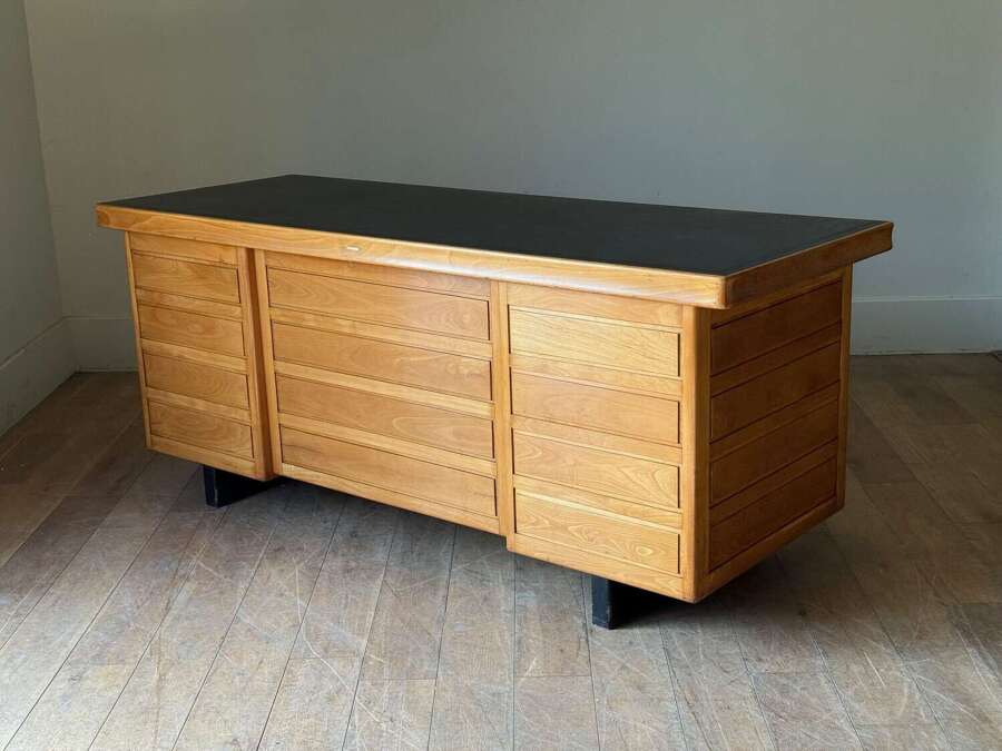 C1960 An Italian Oak Panelled Desk - Black Leather Top