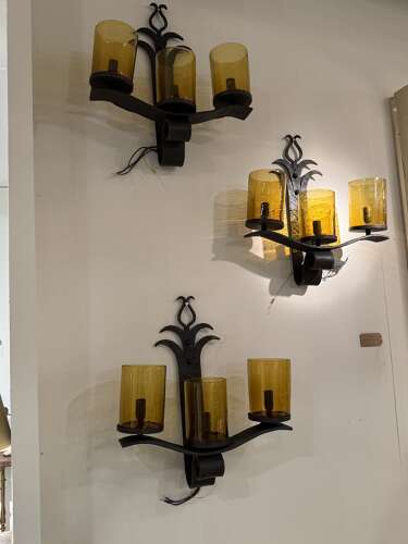 C1960 A Pair of Spanish Iron & Glass Wall Sconces -5 Pr Available
