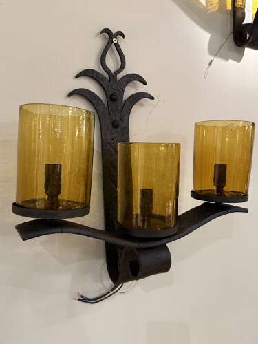 C1960 A Pair of Spanish Iron & Glass Wall Sconces -5 Pr Available