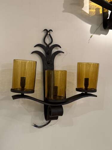 C1960 A Pair of Spanish Iron & Glass Wall Sconces -5 Pr Available
