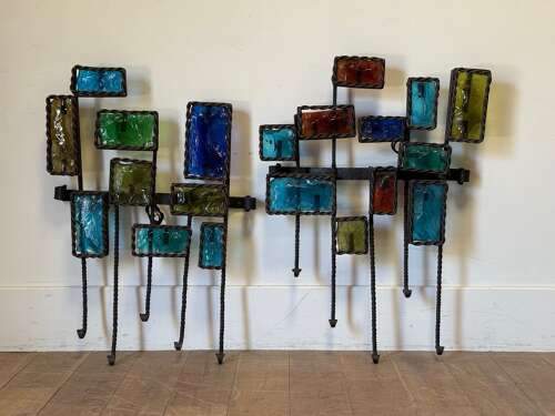 C1960 A Set of 3 French Coloured Glass & Iron Wall Appliqués
