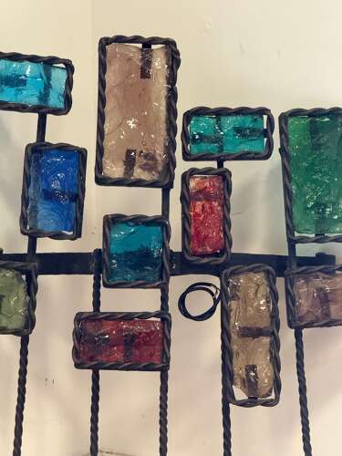 C1960 A Set of 3 French Coloured Glass & Iron Wall Appliqués