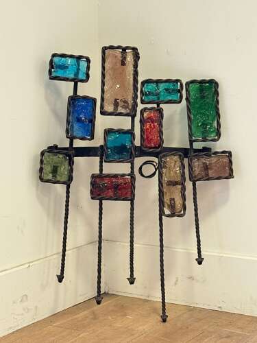 C1960 A Set of 3 French Coloured Glass & Iron Wall Appliqués