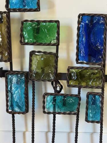 C1960 A Set of 3 French Coloured Glass & Iron Wall Appliqués
