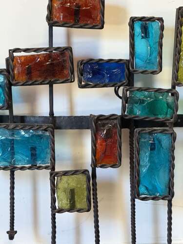 C1960 A Set of 3 French Coloured Glass & Iron Wall Appliqués