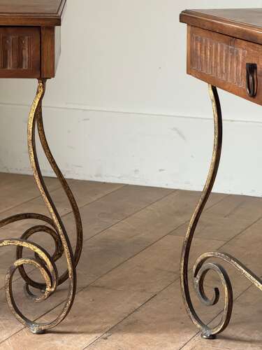 C1950 A Stylish Pair of Spanish Walnut & Gilt Iron Side Tables