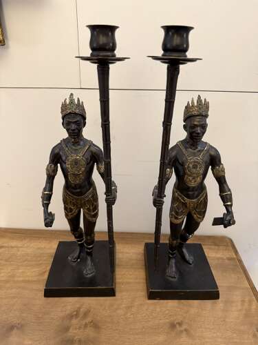 C1870 A Stylish Pair of French Bronze African Warrior Candlesticks