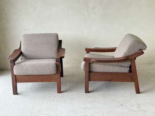 C1960 A Rare Pair of Spanish Easy Chairs in Stained Pine by Biosca
