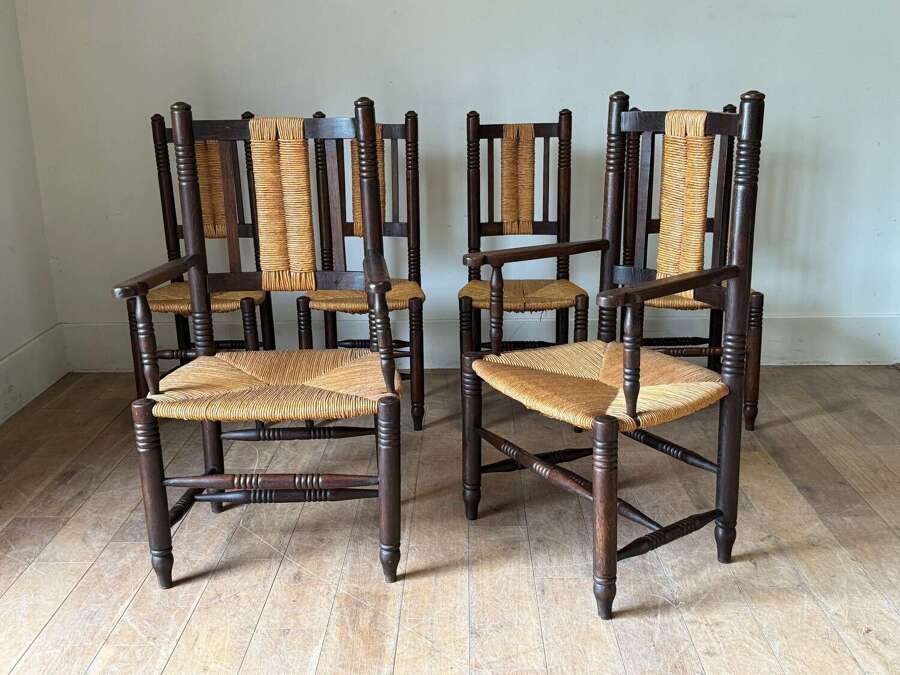 C1940 A Set Of 6 French Dudouyt Style Oak Dining Chairs