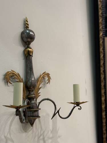 C1950 A Pair of French Iron Wall Sconces Attributed Gilbert Poillerat